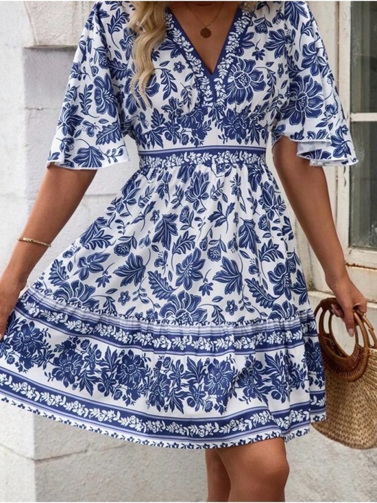 SHEIN Dresses & Skirts - NEW!! V Neck Batwing Sleeve Blue & White Floral Women’s Mini Dress